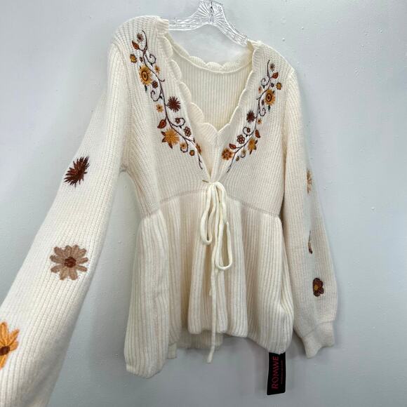 ROMWE Sweaters - Romwe Boho Floral Drawstring Babydoll Sweater 0XL Beige Embroidered V Neck NWT